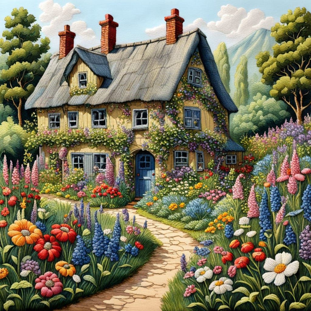 Embroidered Cottage Garden in Vintage Style