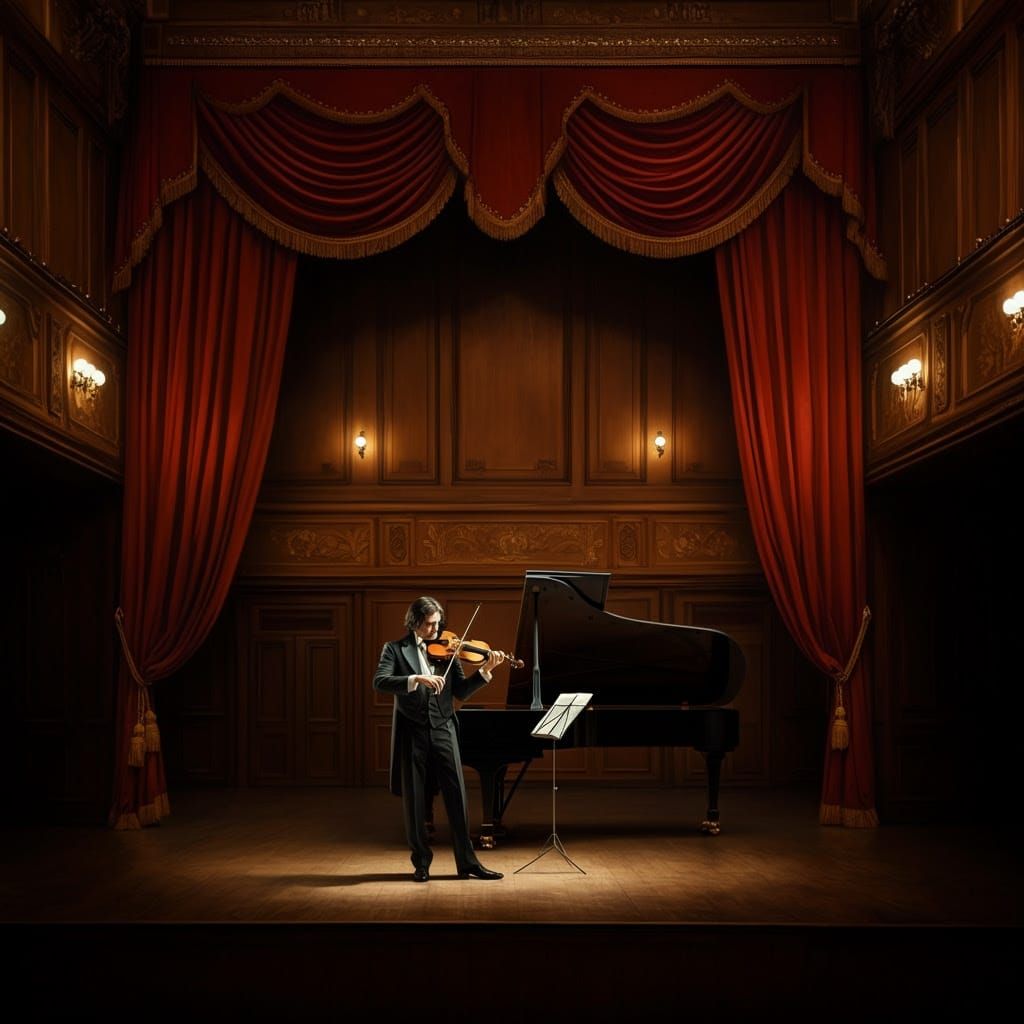 Elegant Violinist Performs Largo in Opulent Concert Hall