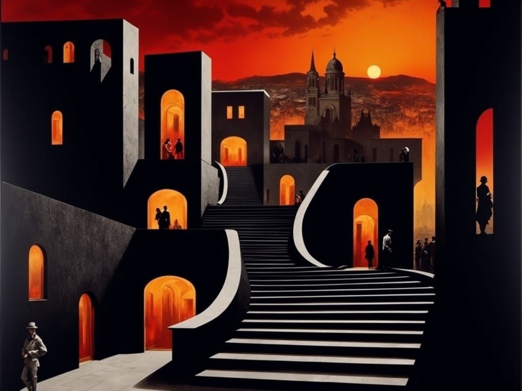 A Haunting, Golden-Lit Hellscape of People Walking Amidst Mu...