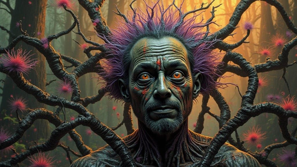 Biomechanical Fractal Android in Web with Rainbow Moss