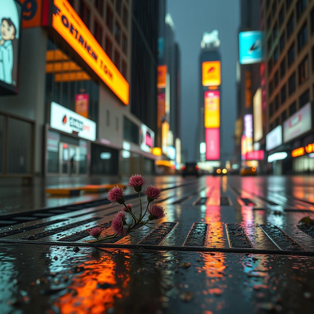 Dystopian Acaena Blooms Amidst Neon City Ruins