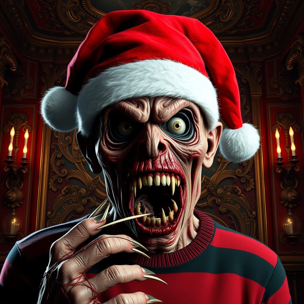 Grotesque Freddy Krueger Wears Tattered Santa Hat in Baroque...