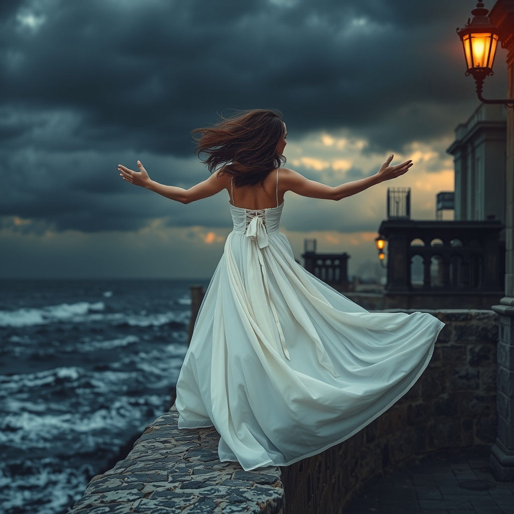 Woman on Embankment Wall at Dusk in Dystopian Landscape