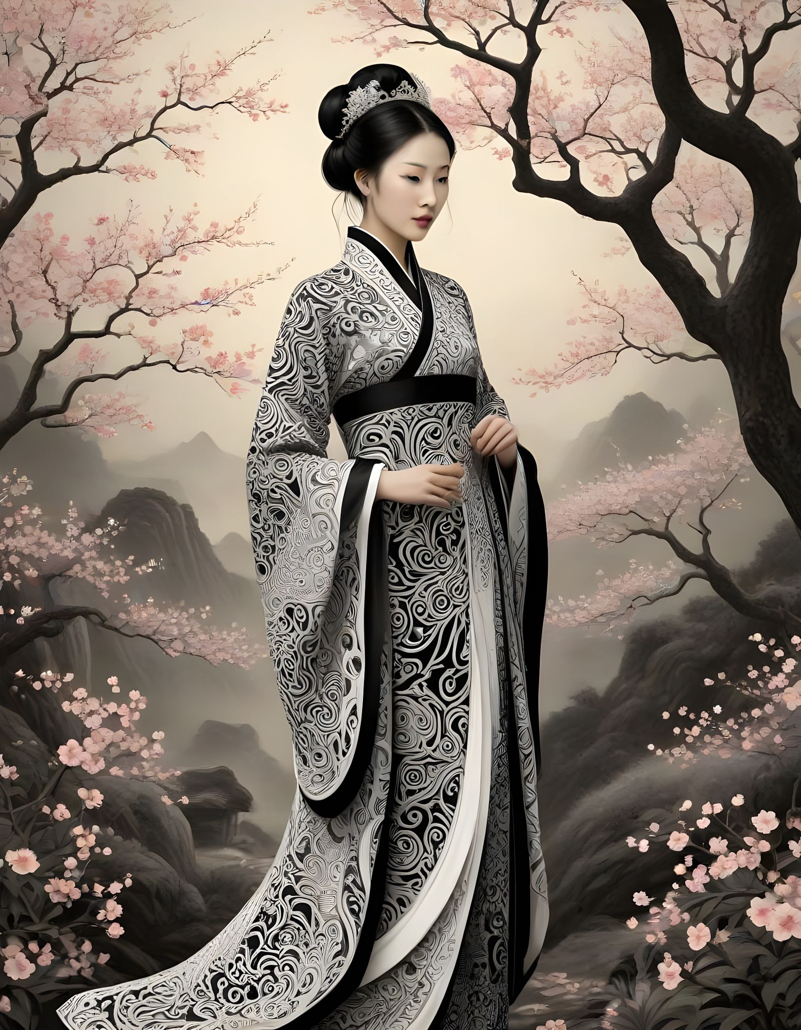 Ethereal Chinese Princess in Dreamlike Paradise Garden