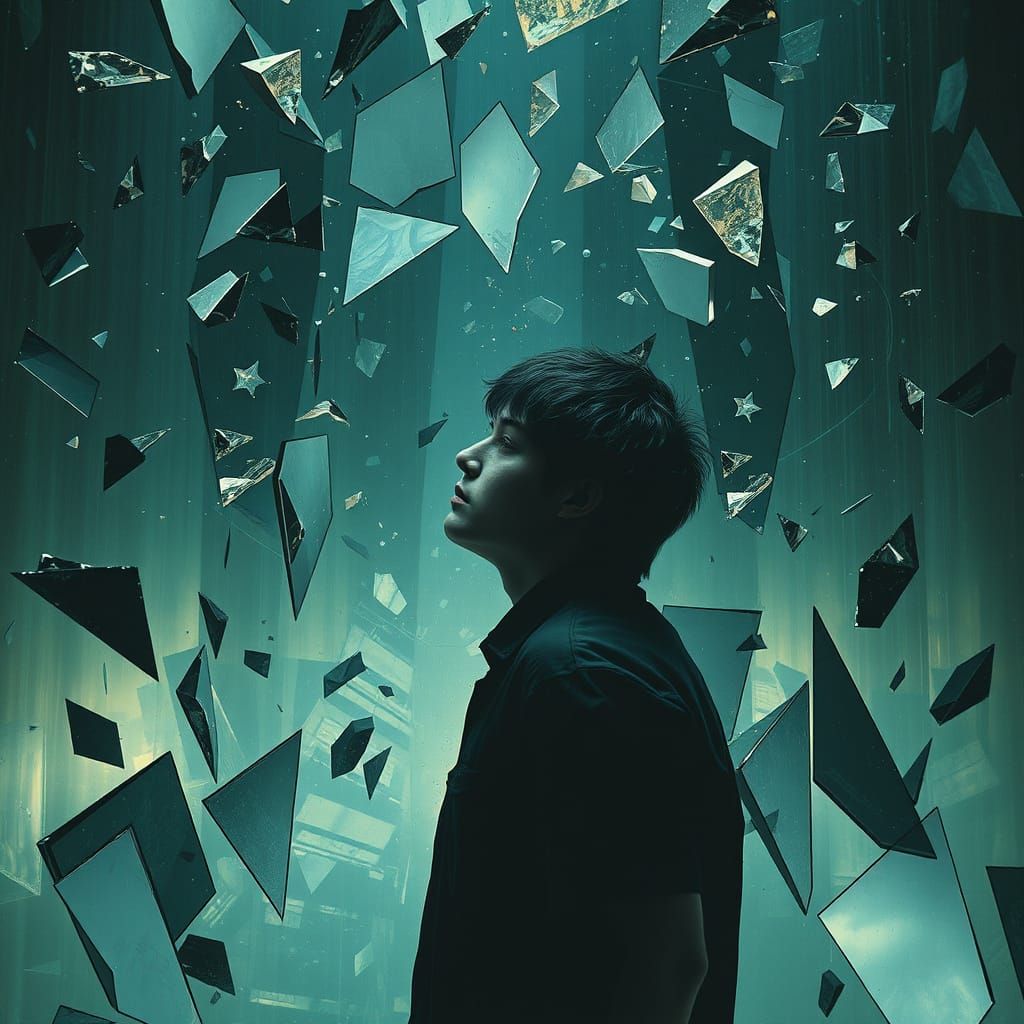 Contemplative Figure in Shattered Mirror Dreamscape