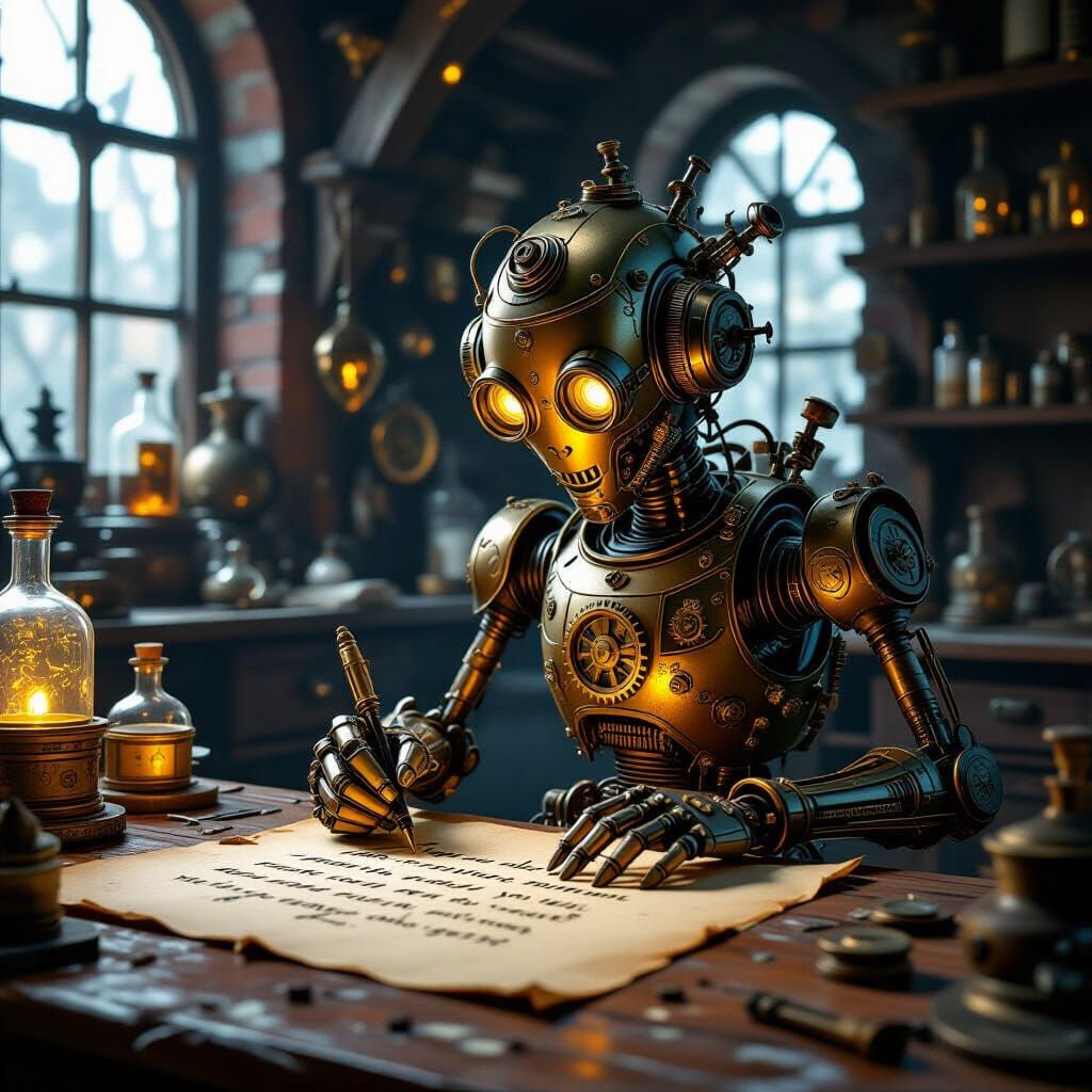 Steampunk Automaton Inscribing Secret Message