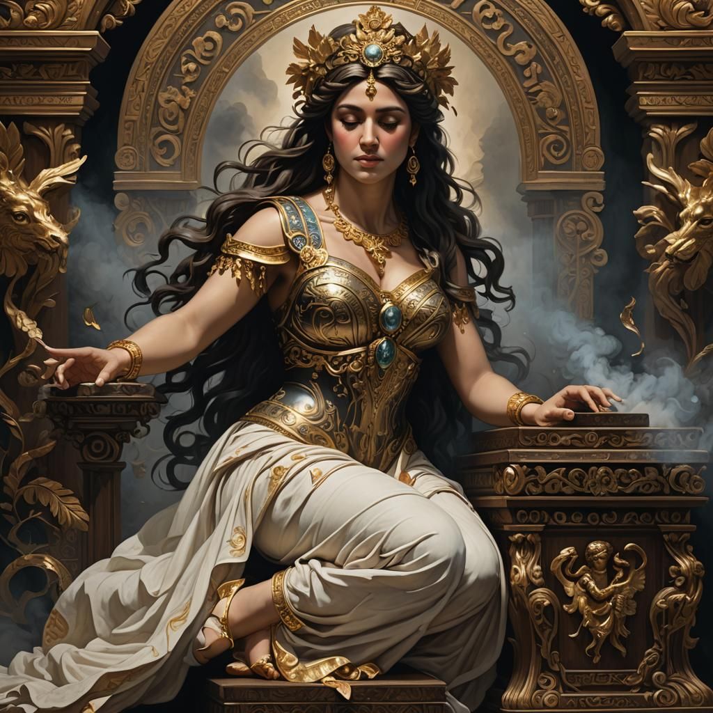 A detailed digital painting captures the Greek goddess Pando...