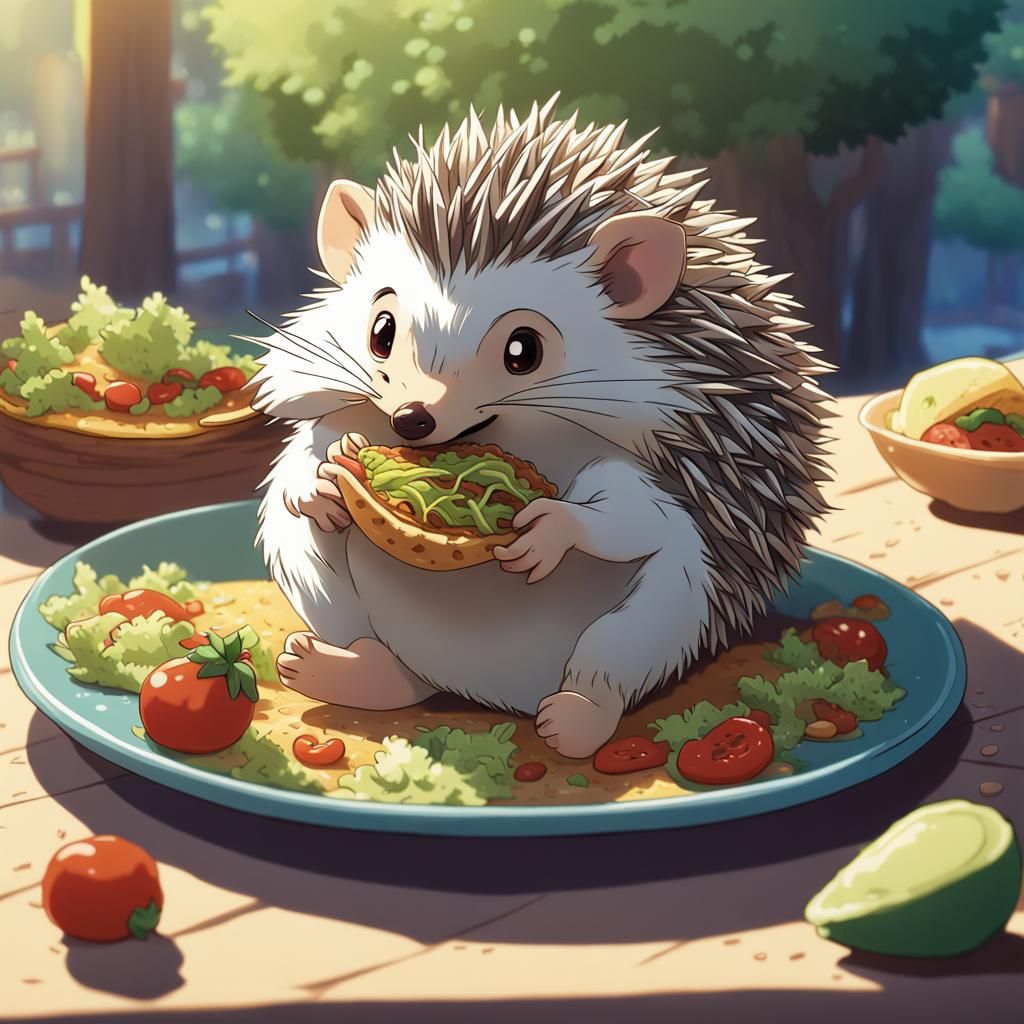 Cute Hedgehog Eats Taco in Ghibli Anime Style