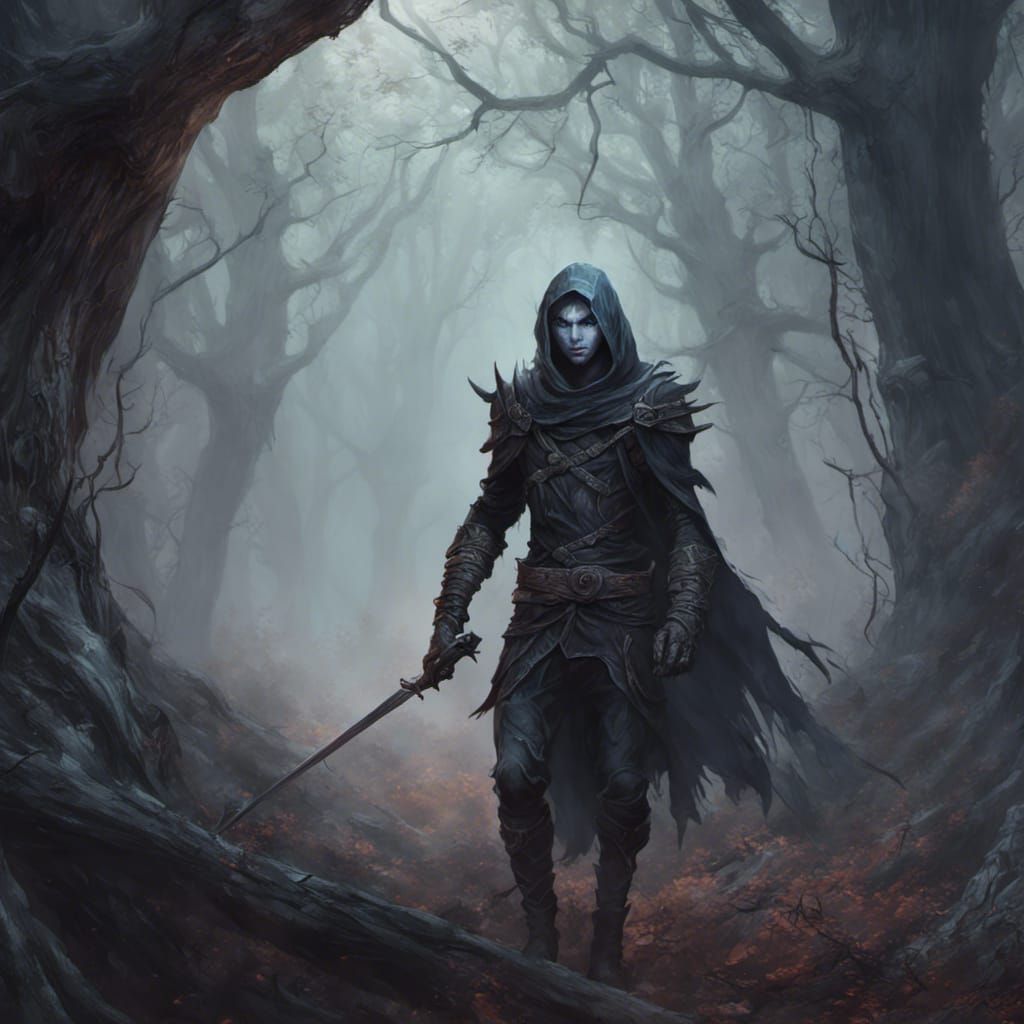 Drow Elf Rogue in Misty Forest: Fantasy Art