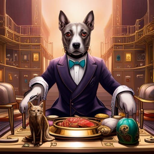 Cyborg Dog King on Throne with Cat Servant