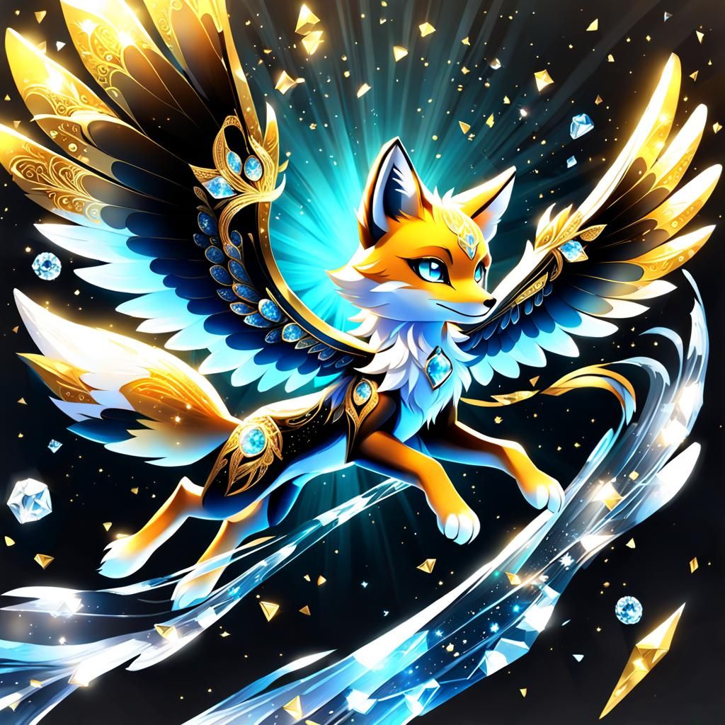 Diamond Fox-Bird in Flight with Golden Magic