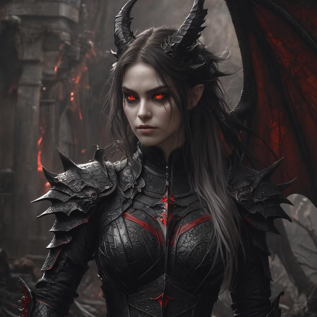 Dragon Woman with Crimson Eyes in Dark Fantasy Art