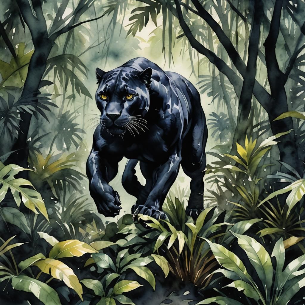 Black Panther Stalking in Moody Watercolor Shadows