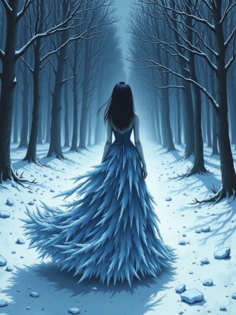 Manga Girl in Icy Winter Landscape, Junji Ito Style