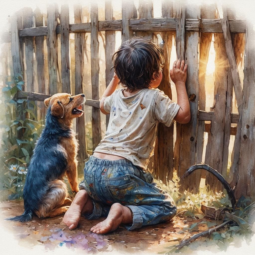 Children Playing in Meadow: Impressionist Illustration