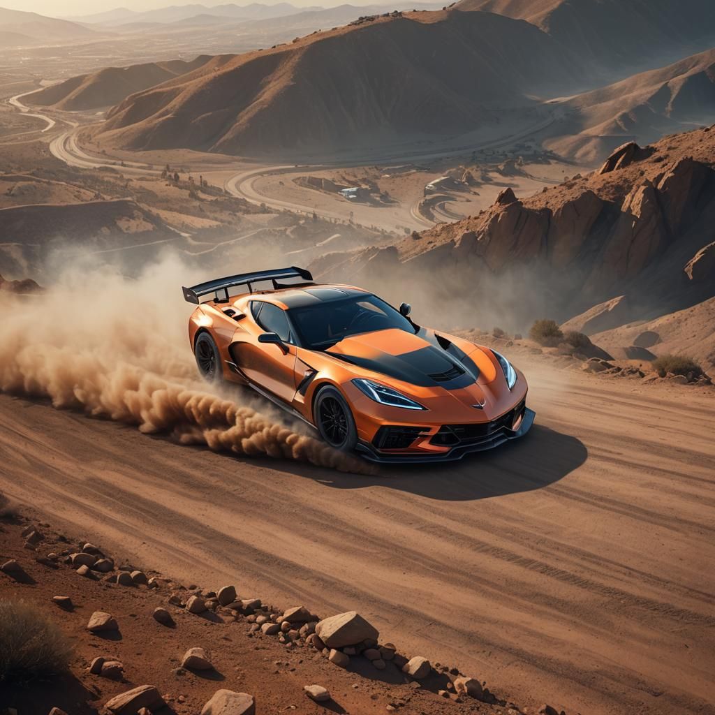 Corvette C8 Roars Down Hilltop in Vibrant Sunset Hues