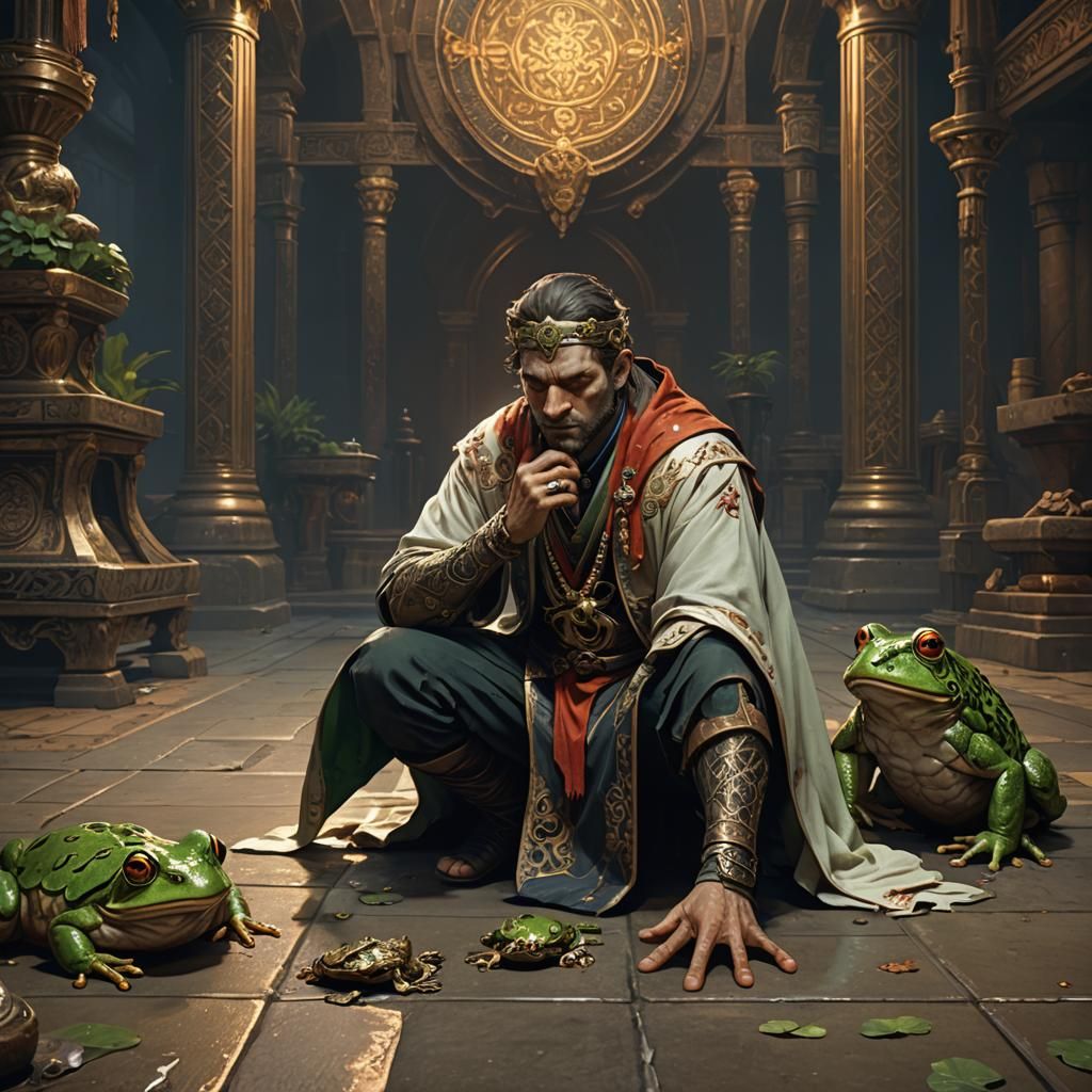 Vomiting Man and Frog in Dark Fantasy Style