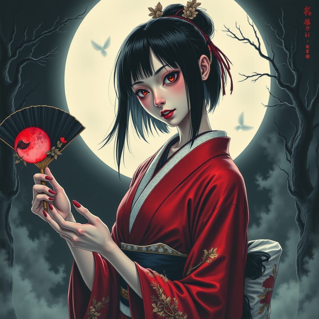 Yokai Warrior in Red Kimono with Fan Under Full Moon