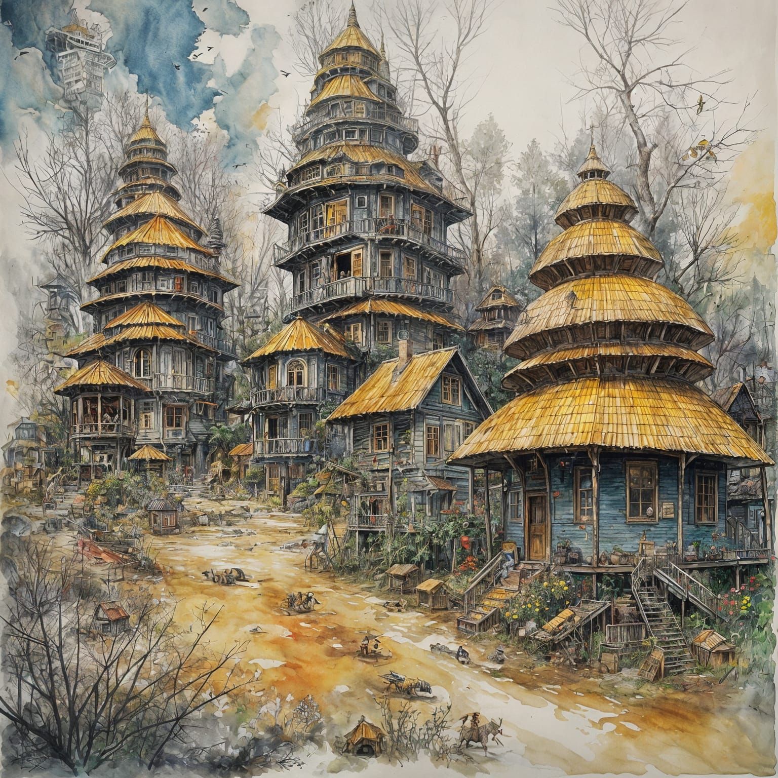 Whimsical Gouache Cityscape with Hyperdetailed Maximalist Ar...