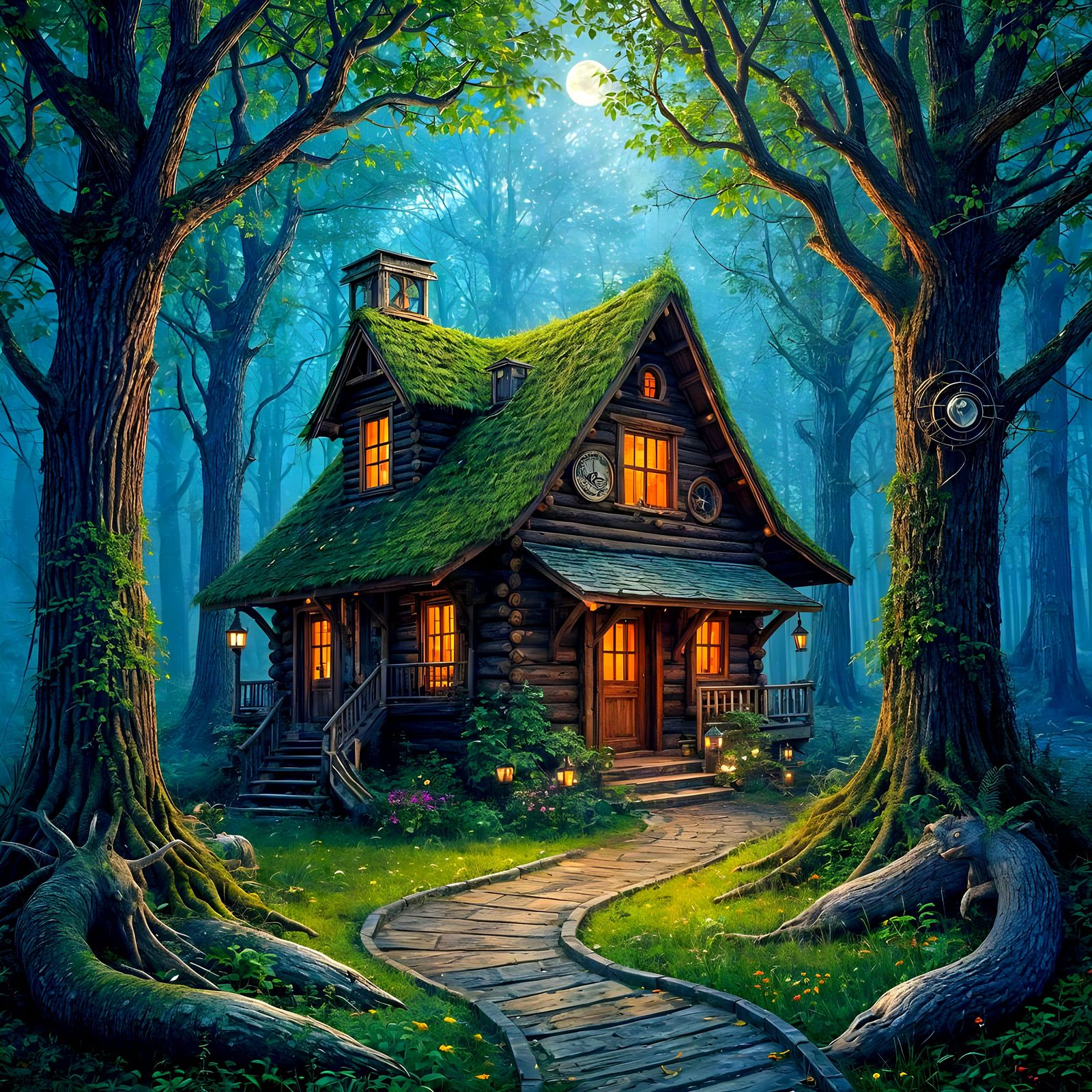 Mysterious Steampunk Cabin in a Dark Enchanted Forest