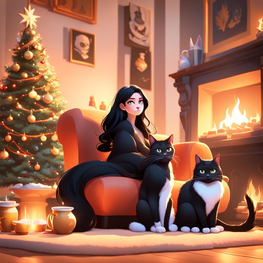 Girl with Cats by Fireplace, 3D Digital Art