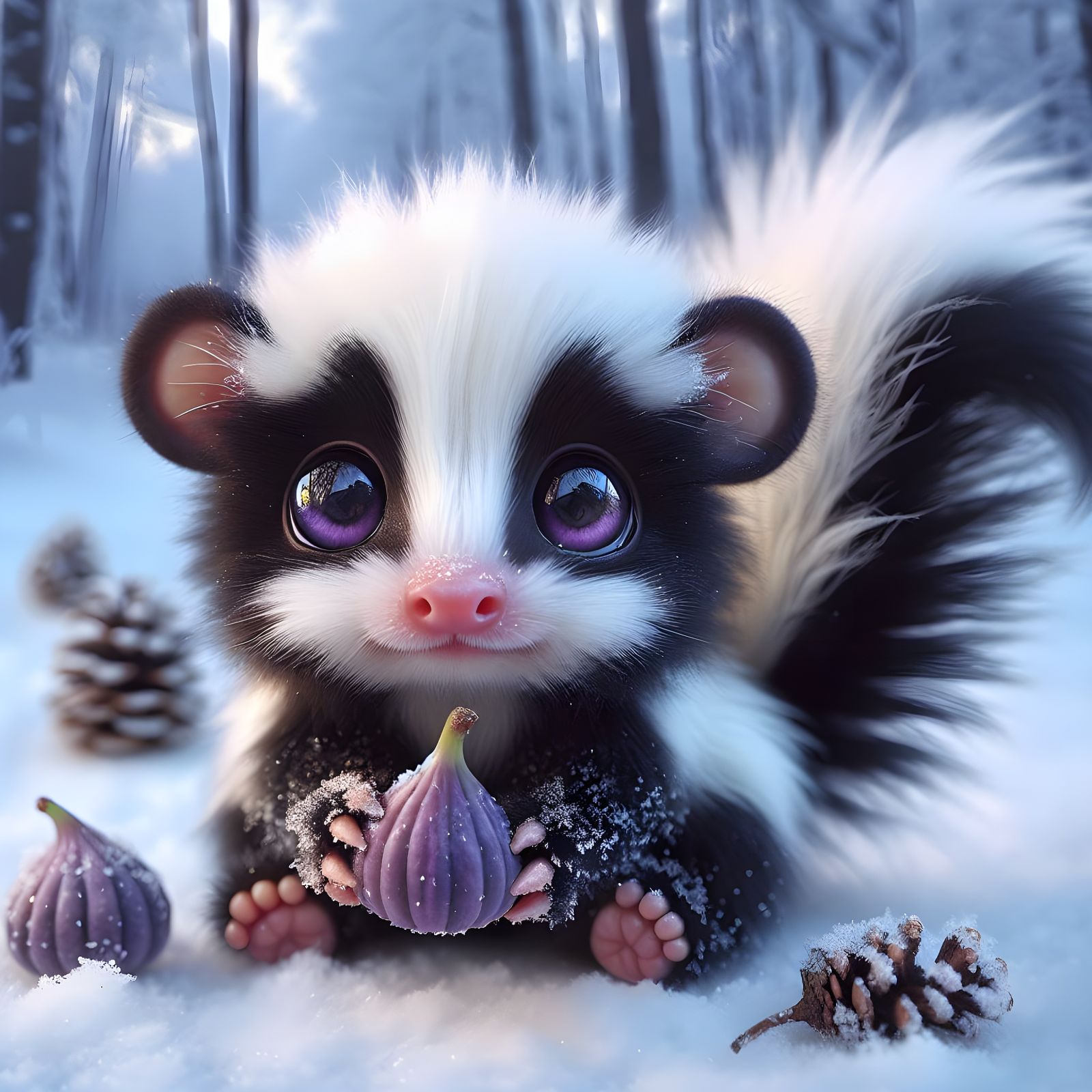 Adorable Baby Skunk with Fig in Winter Forest