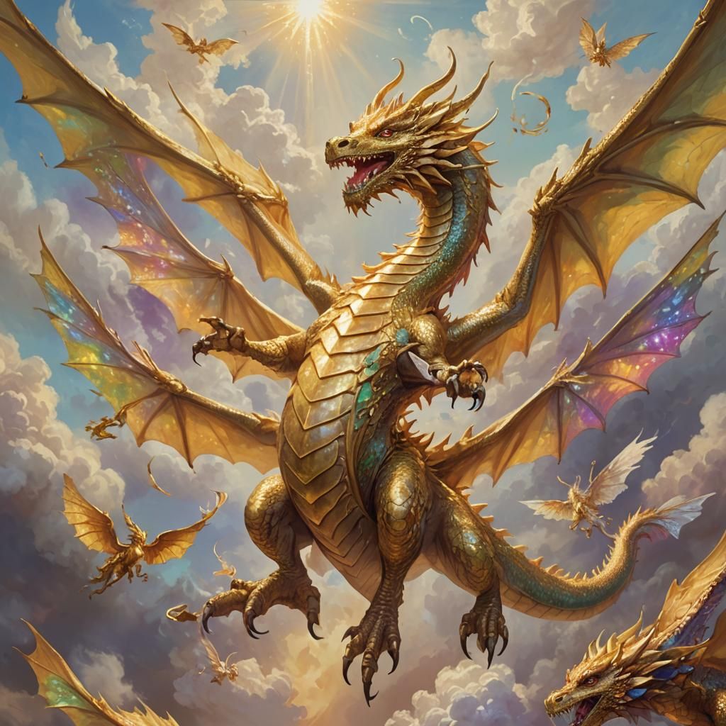 Majestic Gold Dragon Flight in Oil Painting Style