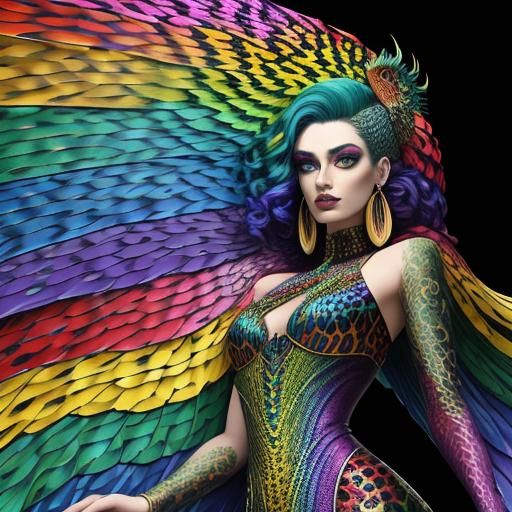 Abstract Portrait: Woman with Dragon Scales and Peacock Hair
