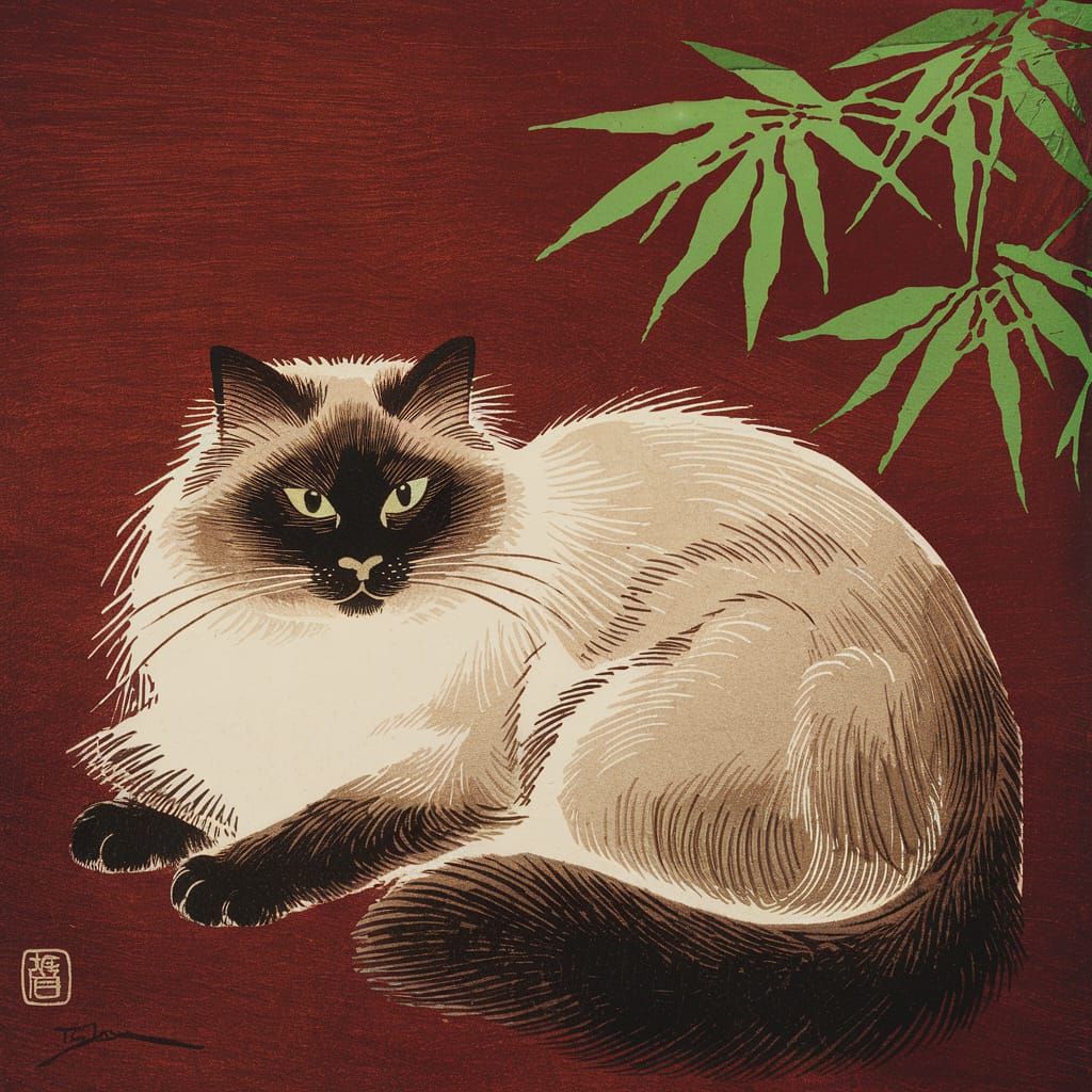 Siamese Cat in Japanese Woodblock Print Style