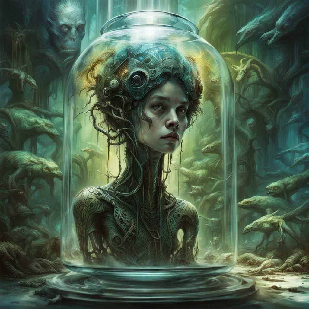 Cyberpunk Alien Creature in Jungle Terrarium