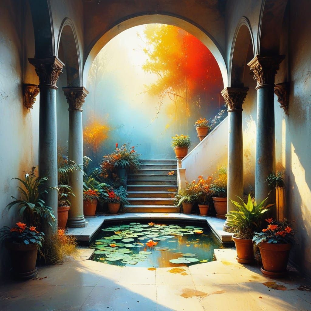 Vibrant Atrium Scene in a Grunge Palette