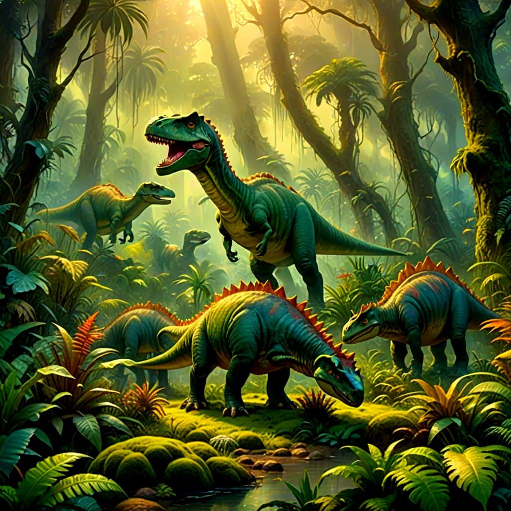 Ethereal Jurassic Park Scene in Kinkade Style