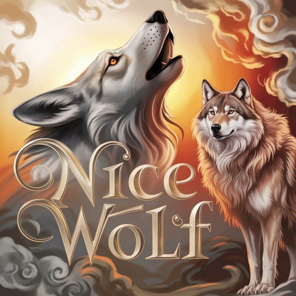 Double exposure of a majestic regal wolf head in profile at the top left and a majestic regal wolf at the bottom right w...