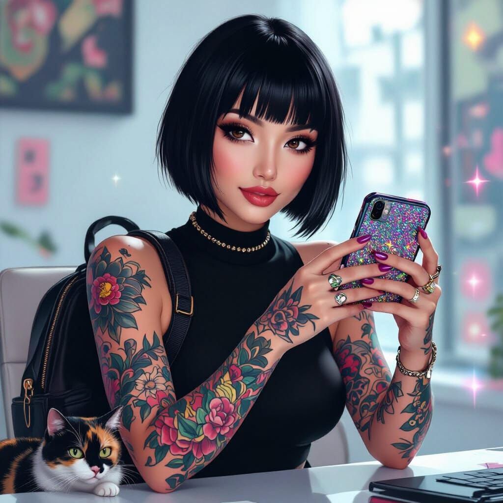 Hyperrealistic Asian Woman with Calico Cat