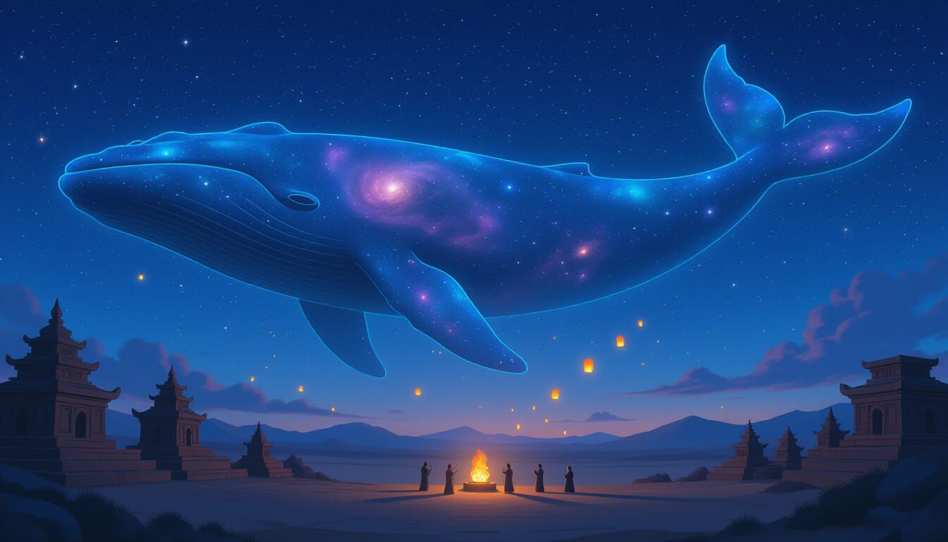 Celestial Whale Glides Silently Above Desert Temple