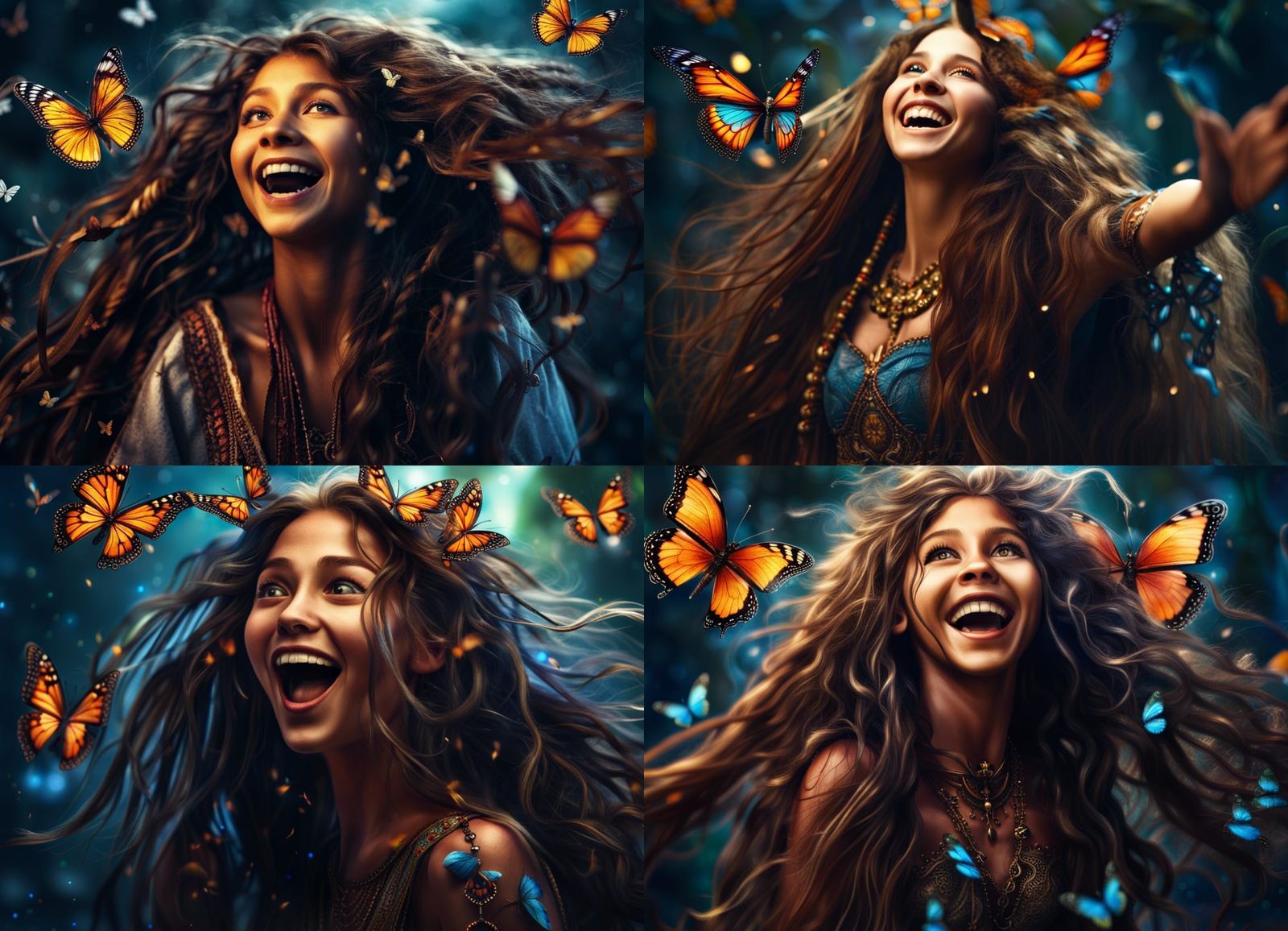 Enchanted Girl Catches Butterfly in Hyperrealistic Fantasy A...