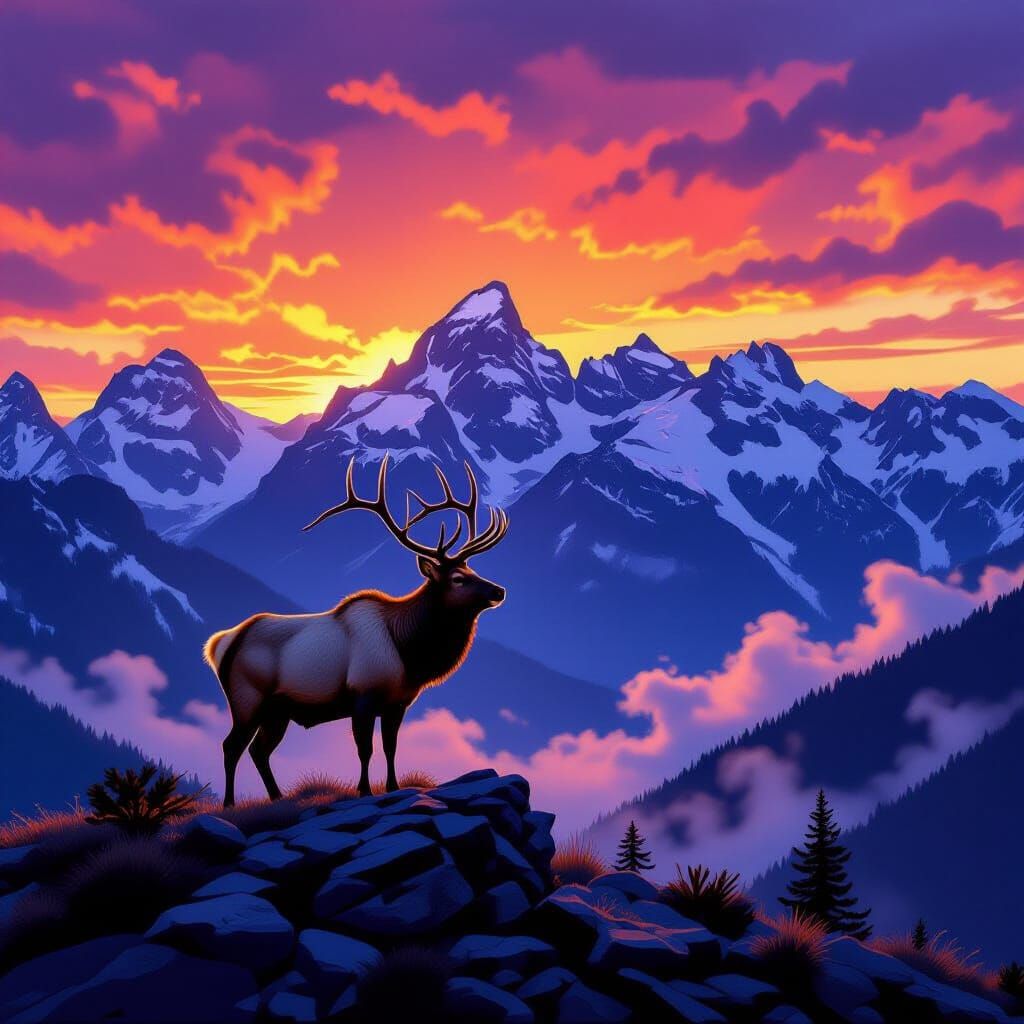 Majestic Elk Silhouetted Against Fiery Sunset