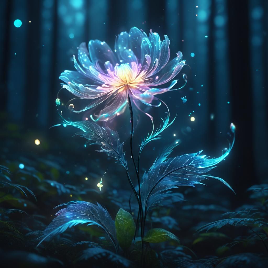 Glowing Flower Blooms in Misty Forest