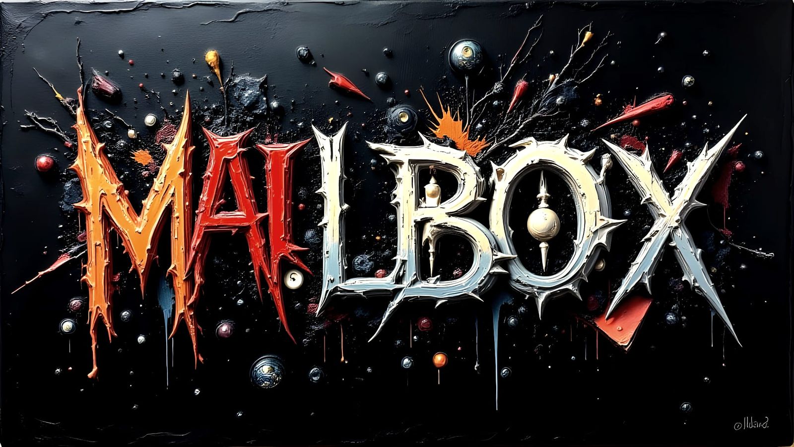 Impasto Painting of 'MAILBOX OVERLOAD' Text on Black Canvas