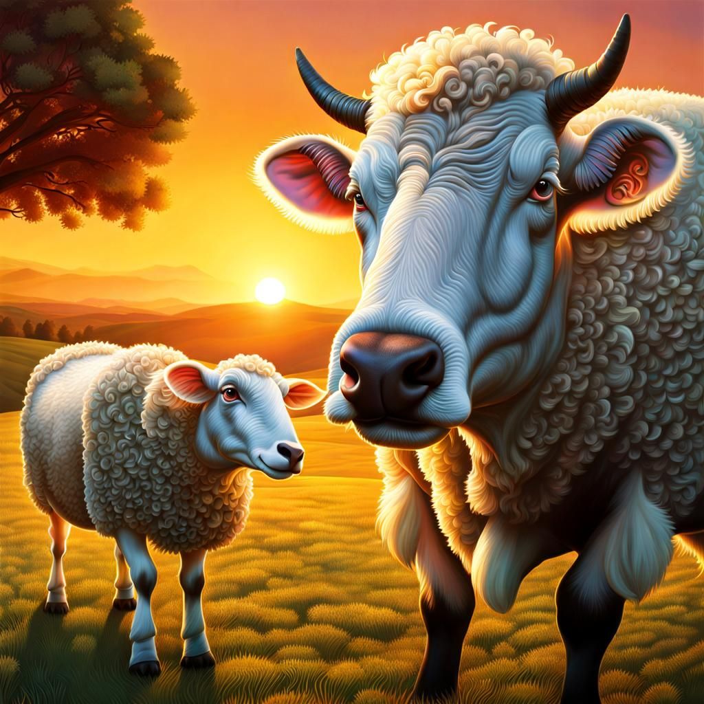 Einstein Compares Cow and Sheep at Sunset