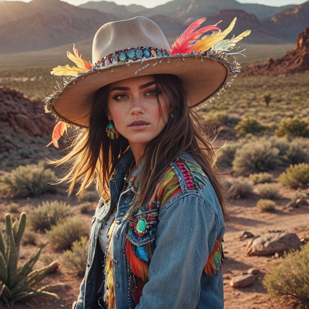 Confident Cowgirl in Neon Cowboy Hat