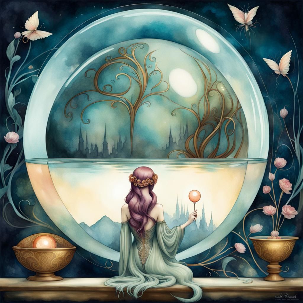 Crystal Ball: Art Nouveau Watercolor Art Brut Illustration