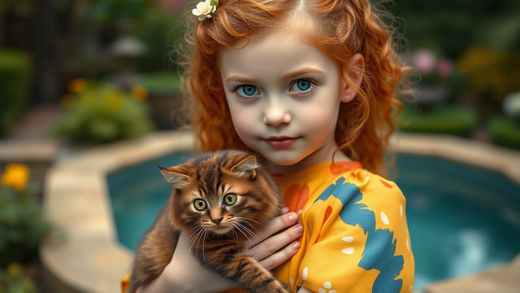 Girl with Red Hair Holds Fluffy Cat in Garden