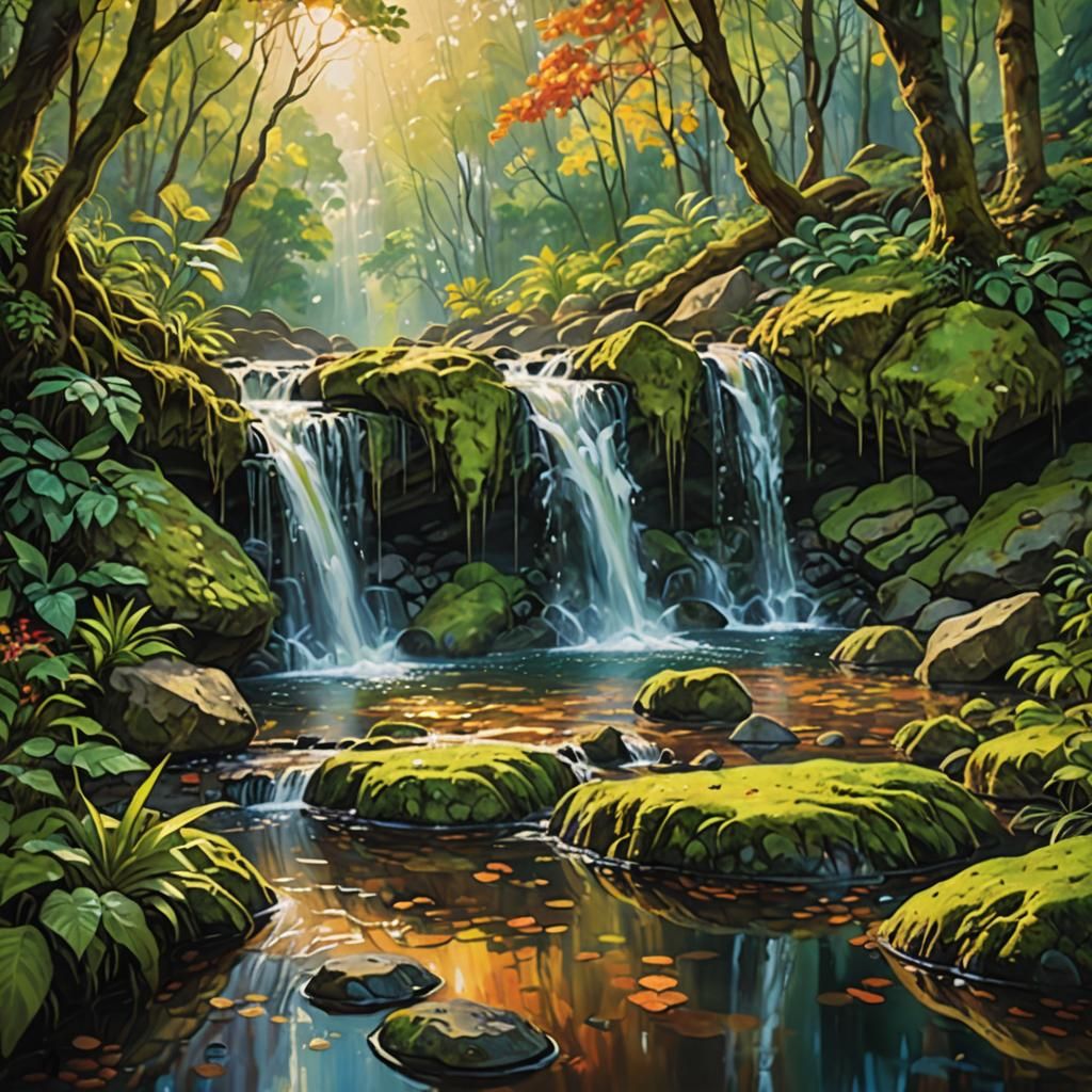 Secluded Waterfall: Vibrant Oil Painting in Triadic Colors