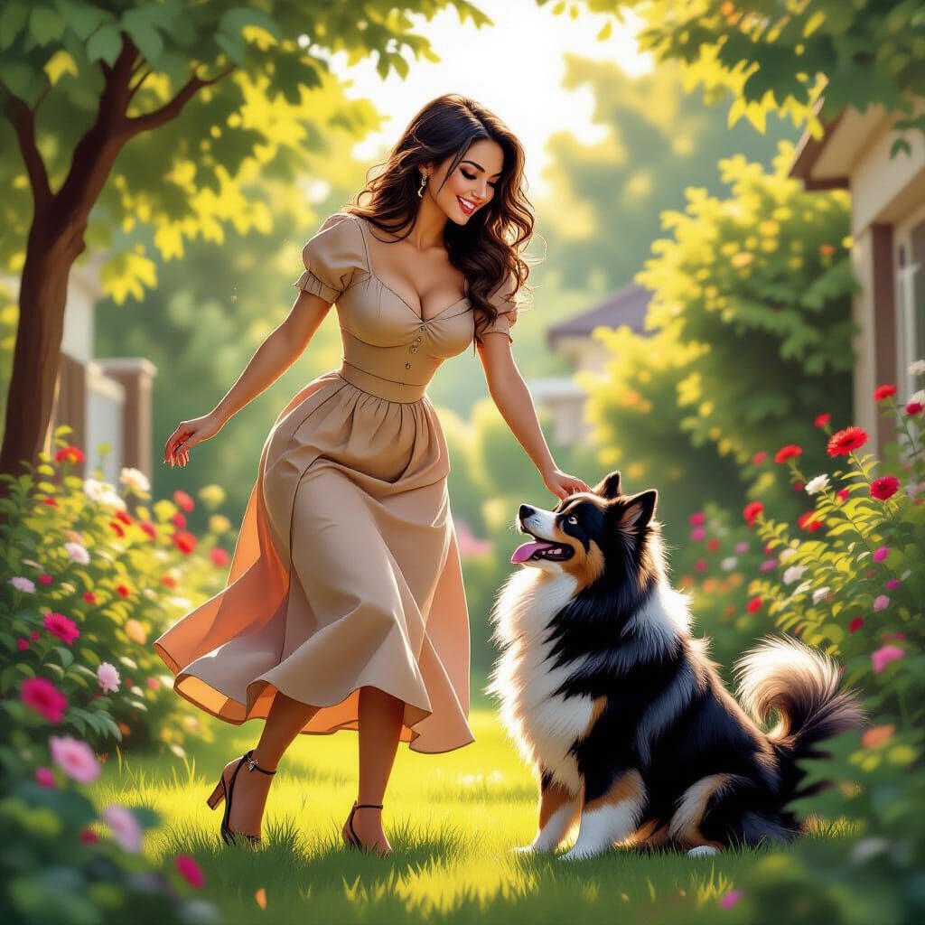 Happy Housewife Plays with Dog in Lush Garden