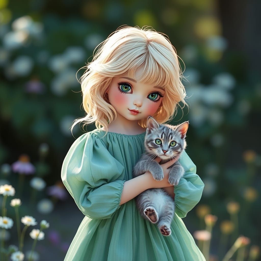 European Girl in Watercolor Style Holding a Grey Kitten