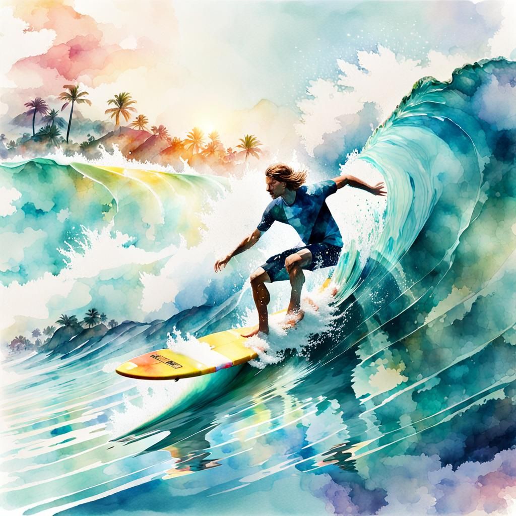 Surfer Rides Wave in Double Exposure Watercolor