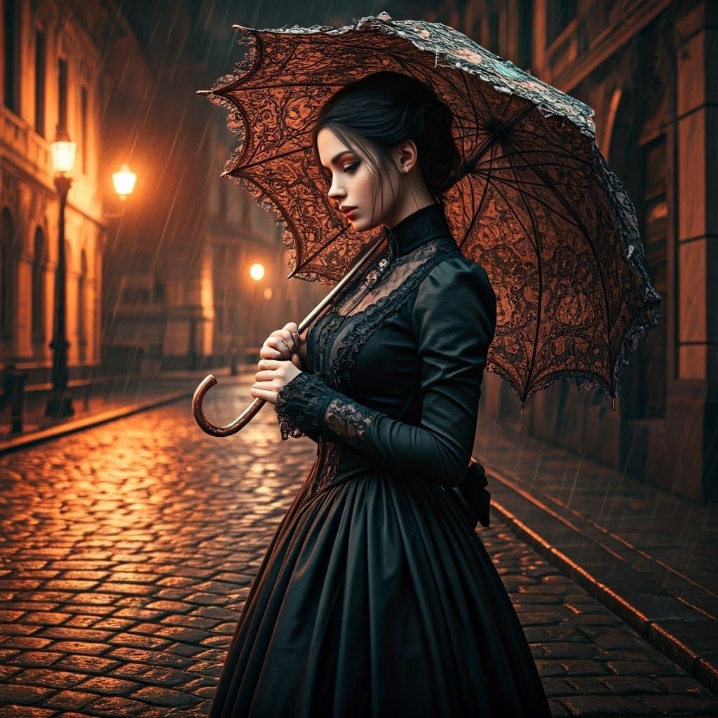 Gothic Girl with Umbrella in Art Nouveau Style