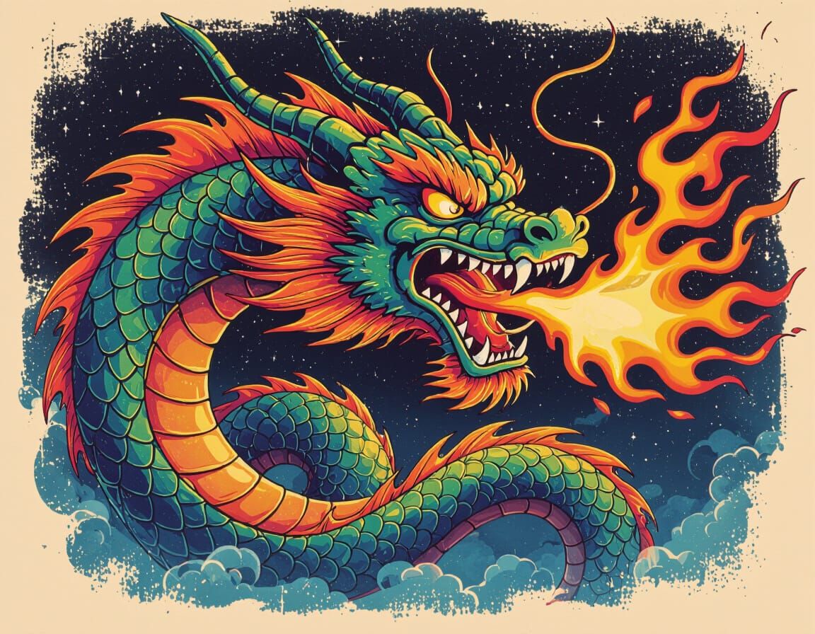 Vintage 80s Airbrushed Dragon with Flames