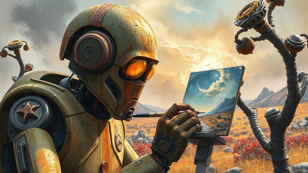 Rusty Robot Paints Watercolor Landscape on Desolate Planet